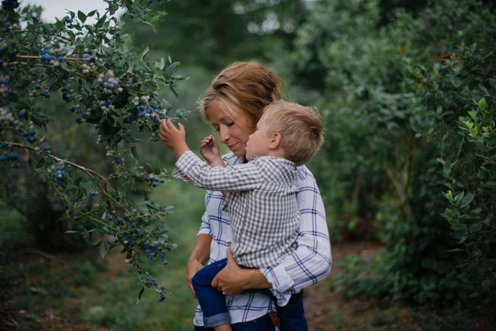 A sweet moment of motherhood with mom and son picking blueberries on their little Maine homestead